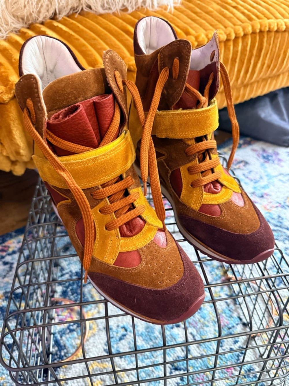 Elana Iachi Women's Multi‑Tone Wedge Sneakers in Mustard & Burgundy - size 37